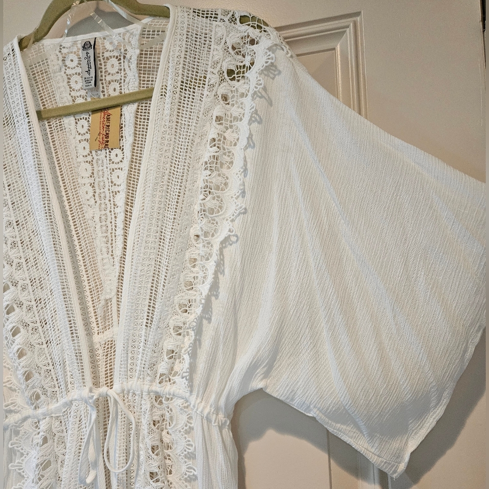American Rag Maxi Kimono LS Tie Front Intricate Lace Sheer Egret White Small NWT - Picture 8 of 14